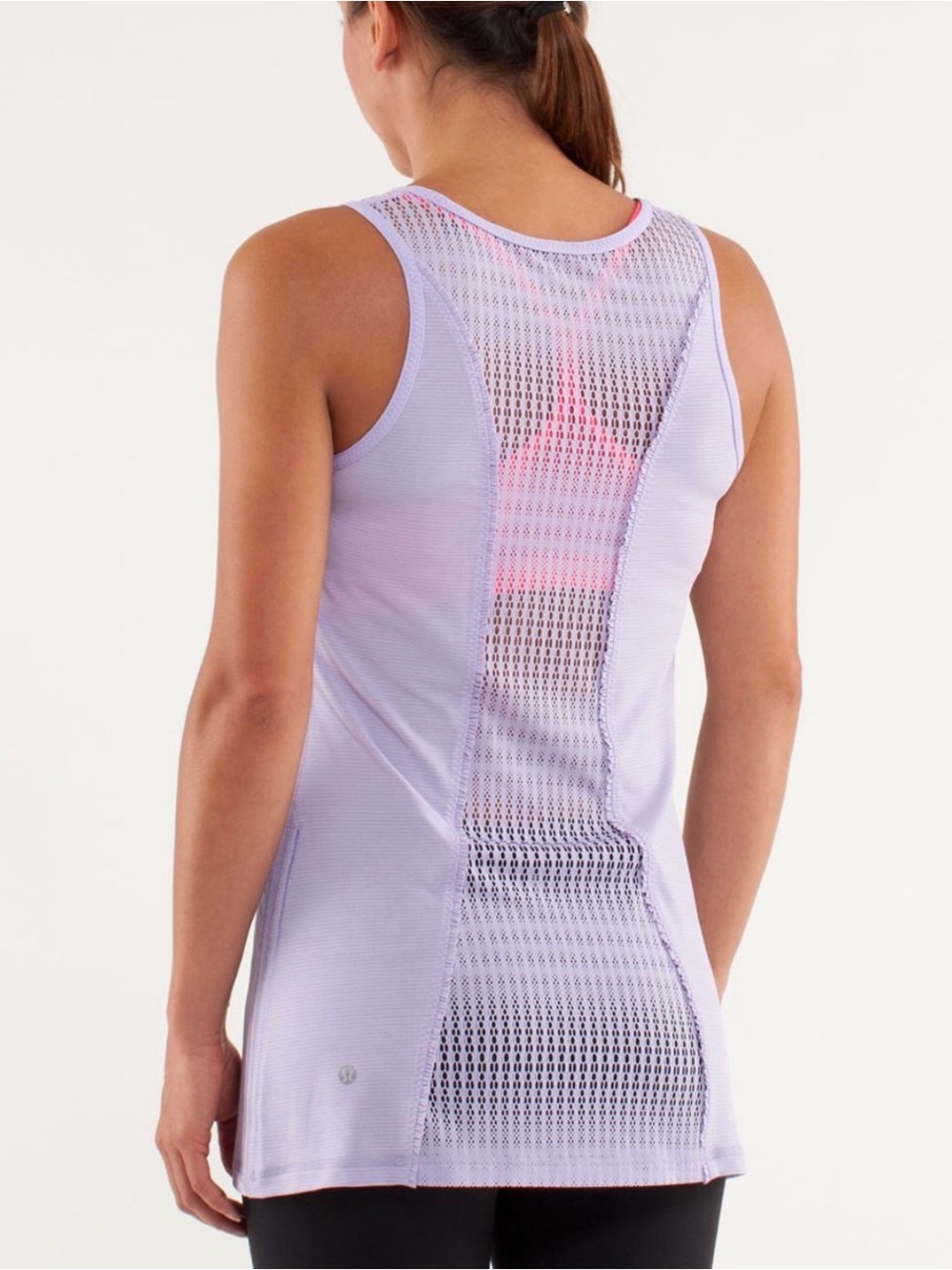 Lululemon Run: Tie And Fly Tank, Lilac, Mesh Back Panel, Ruffle, Cinch-able Side